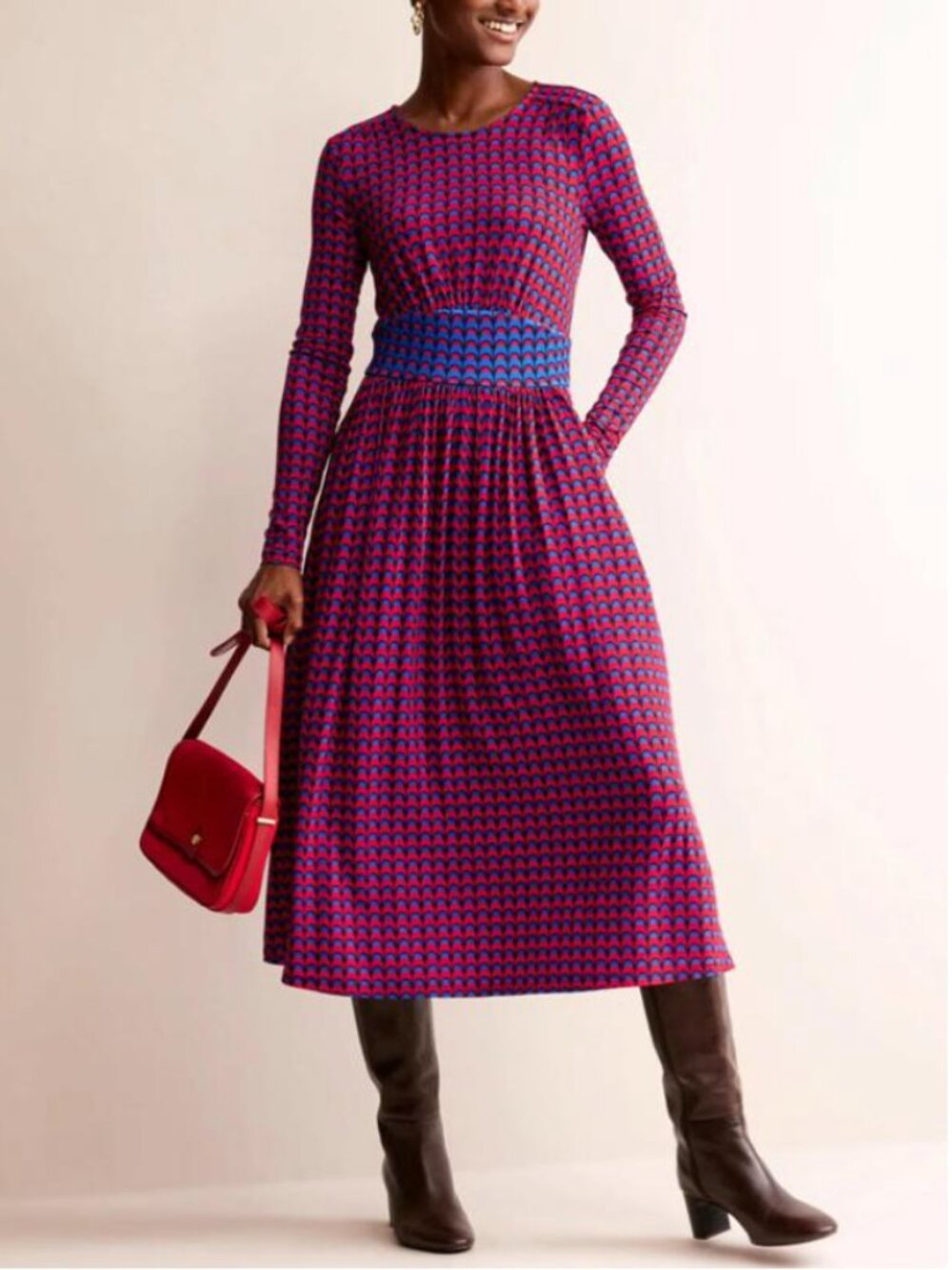 Boden Purple and Blue Patterned Long-Sleeve Midi Dress